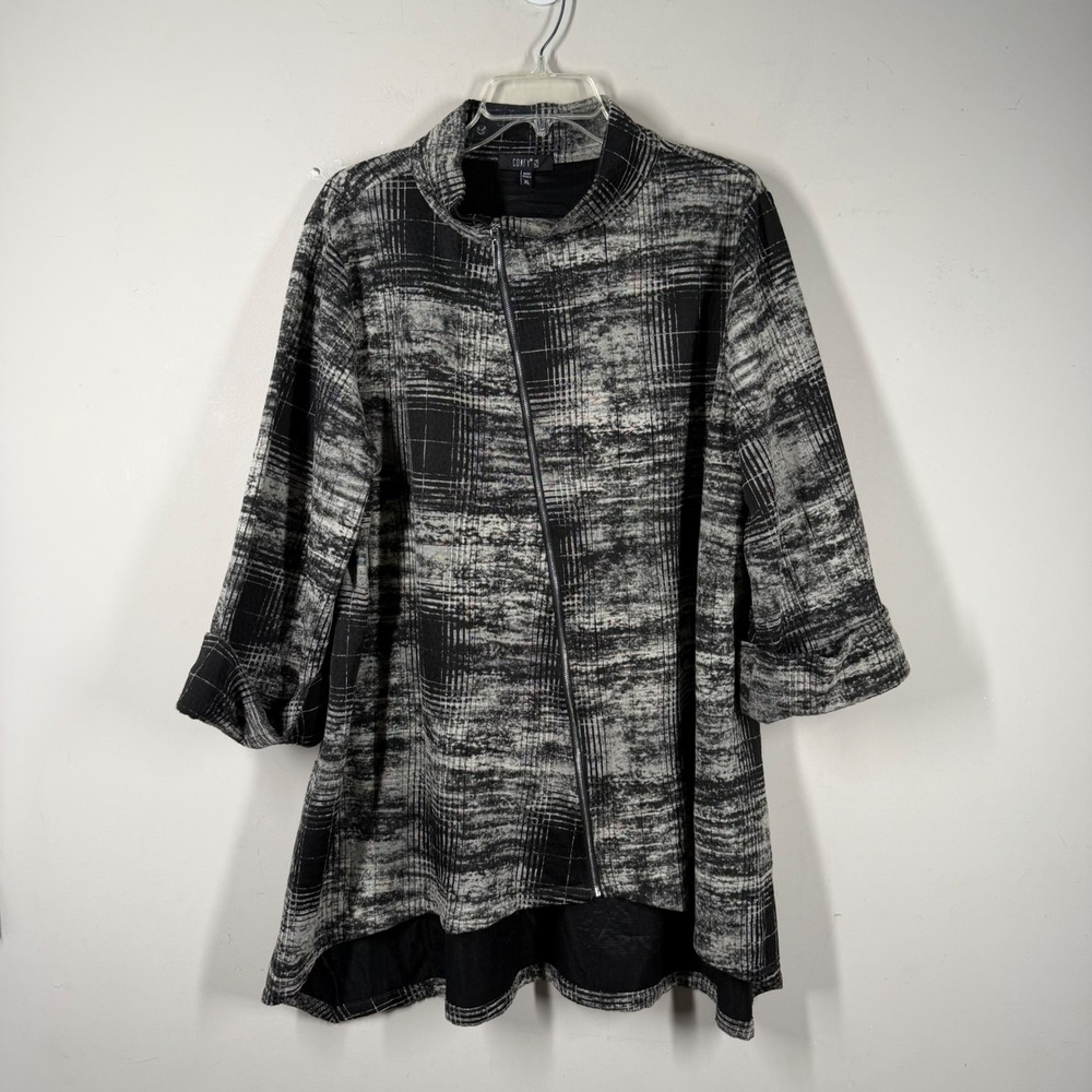Comfy USA Womens XL Asymmetric Zip Jacket Black White Plaid Abstract PT139P